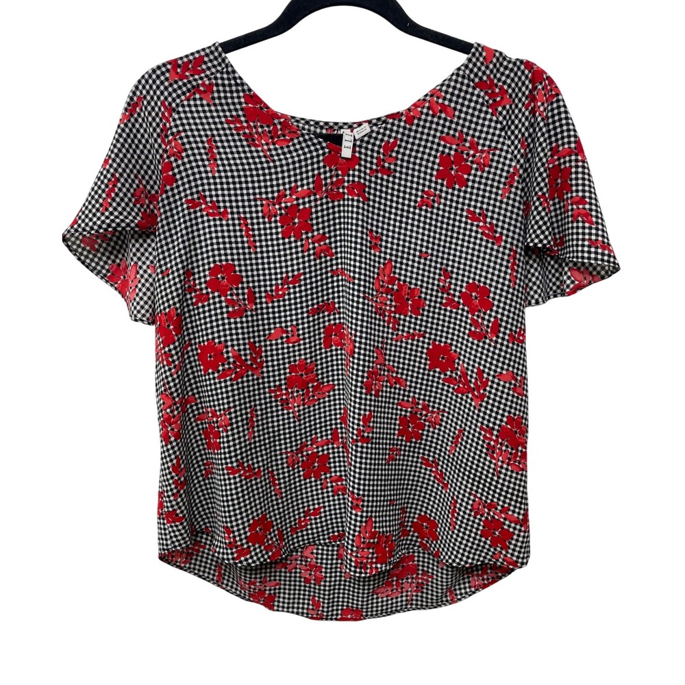 ELLI Black Gingham Black White Red Floral Print Flutter Sleeve Top Dark Whimsy M